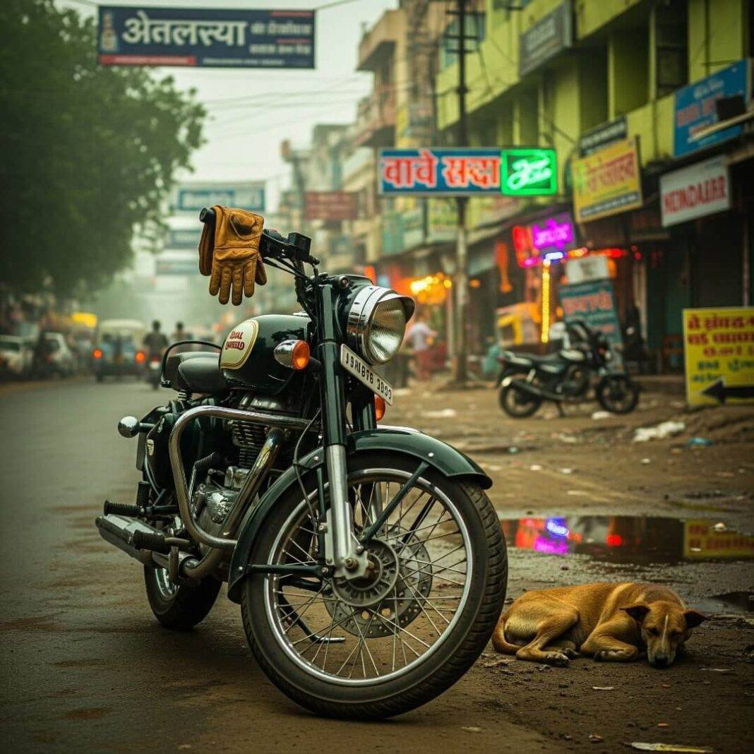 Shaky hands on motorcycle throttle, Indian road ahead.