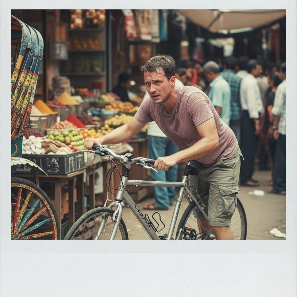 Sweaty American man pushes bike through crowded Indian market.