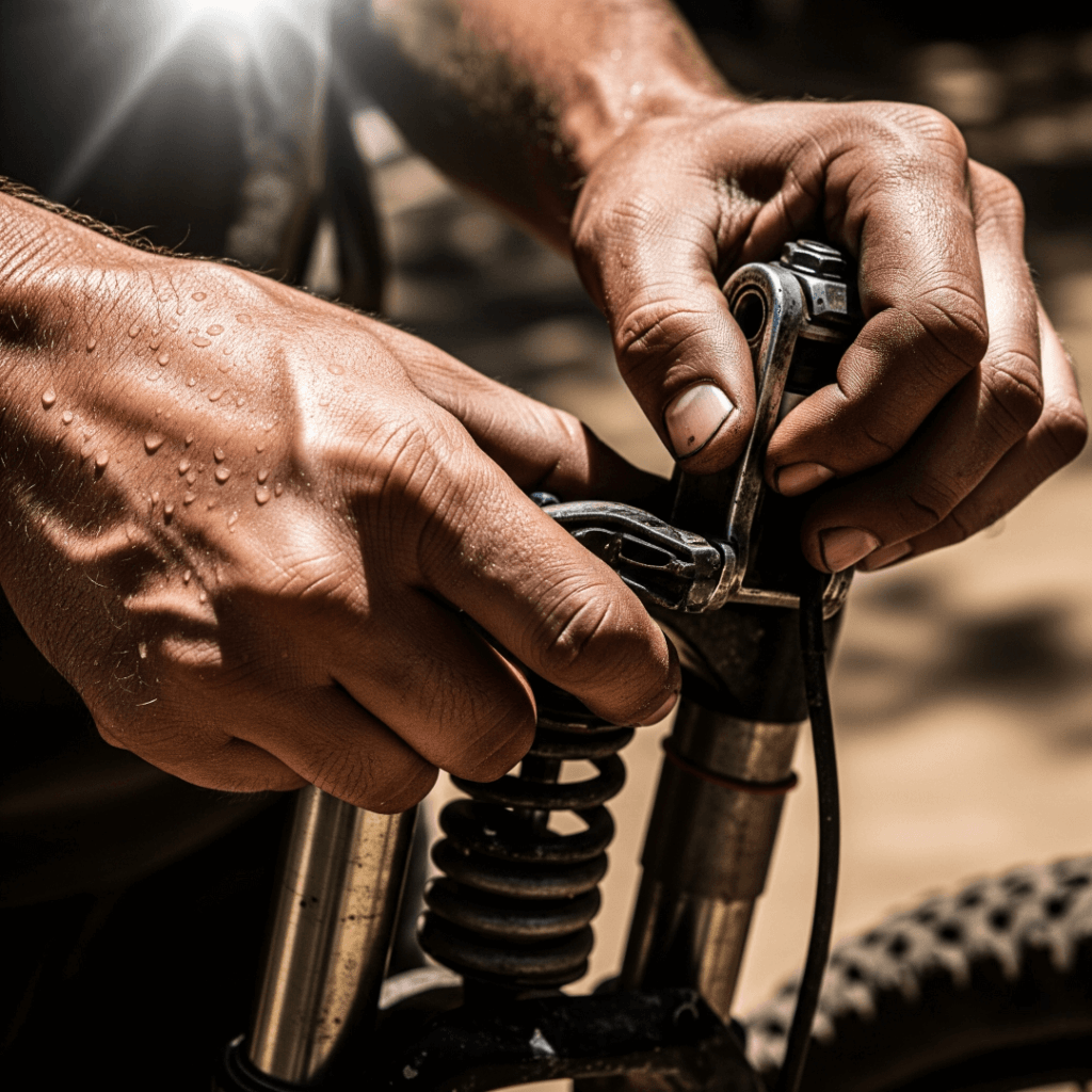 Grimy hands fumbling with a suspension fork under the Indian sun.