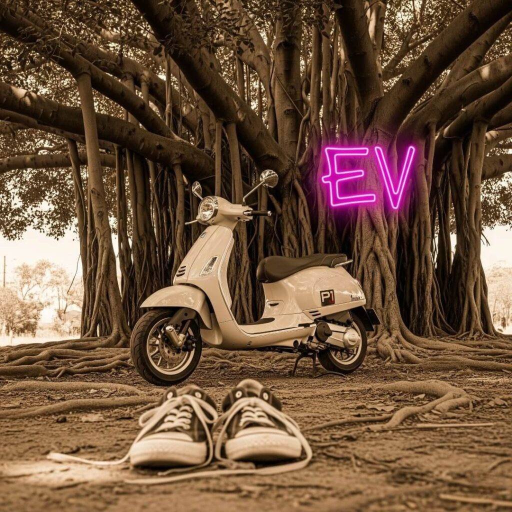 Scooter under a banyan tree with sneakers and neon EV sign