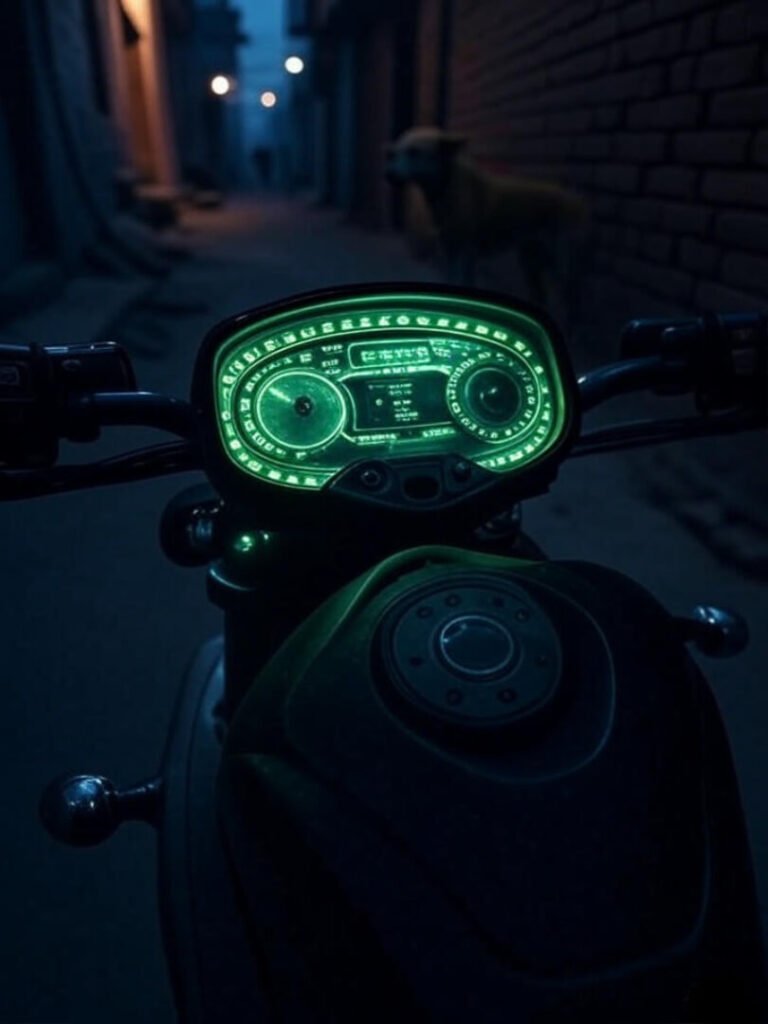 Neon-green dashboard close-up, low angle, Delhi alley dog.