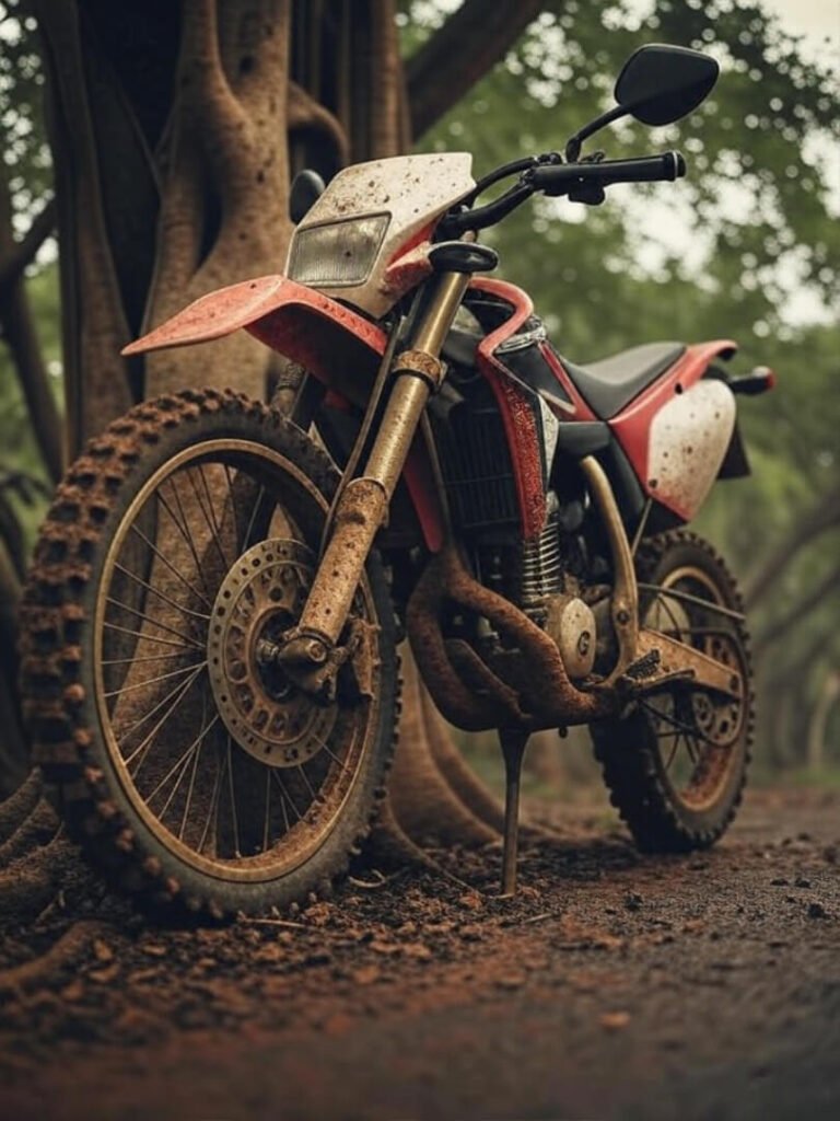 Muddy Honda CRF250F by gnarled banyan tree.
