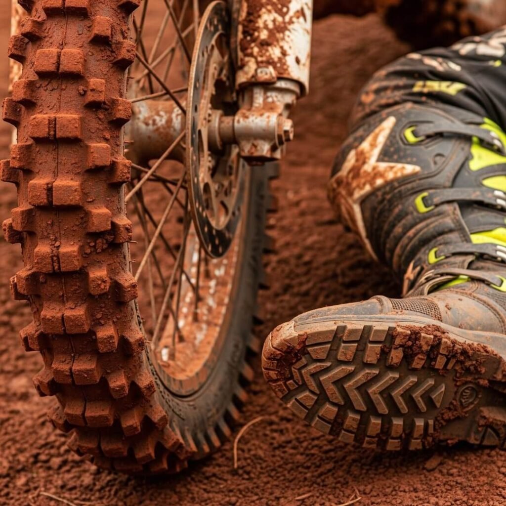 Muddy dirt bike tire and boot.