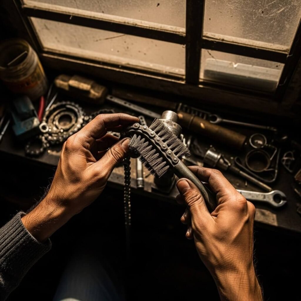 Hands cleaning a motorcycle chain in an Indian garage.