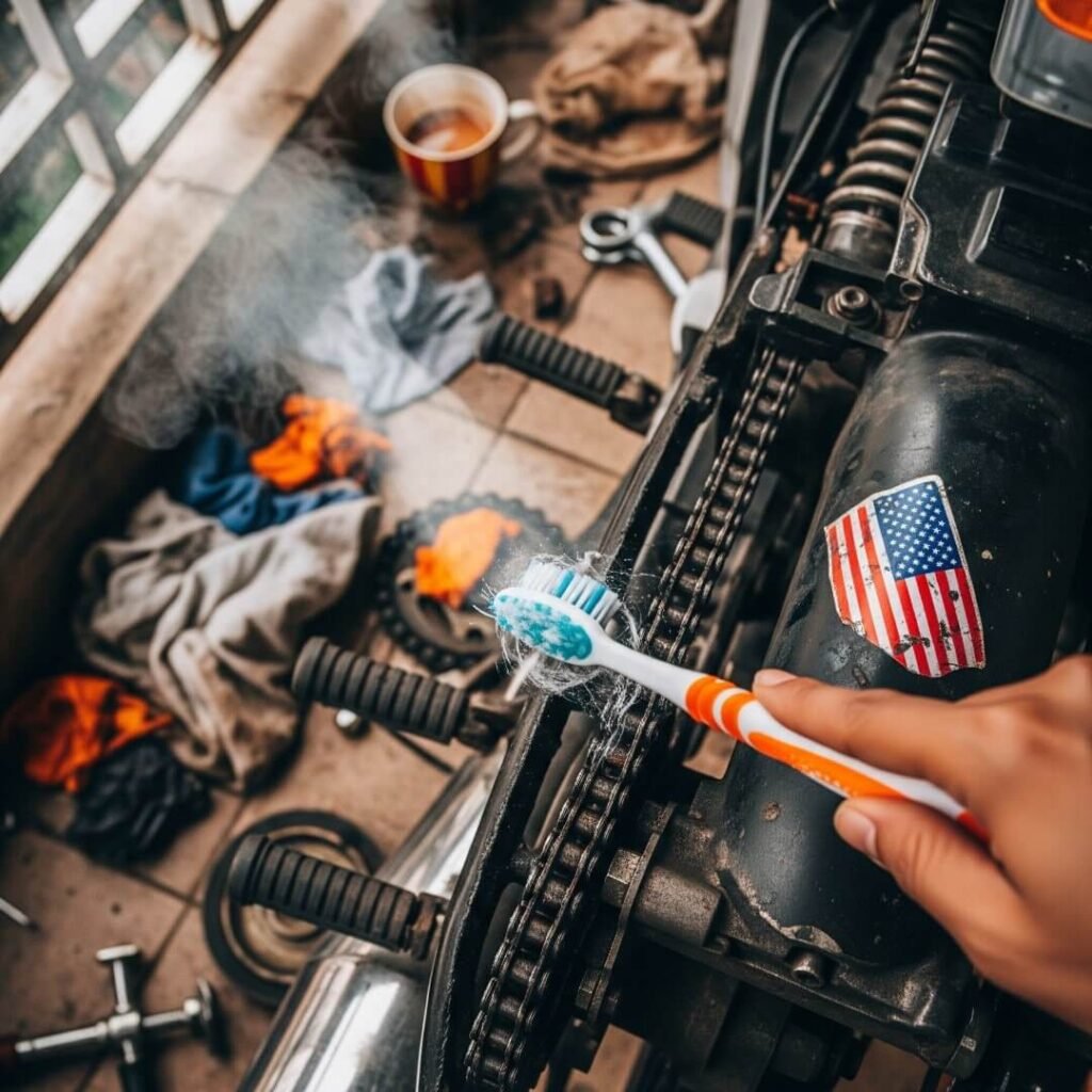 Overhead shot: Hand scrubbing motorcycle chain with toothbrush.