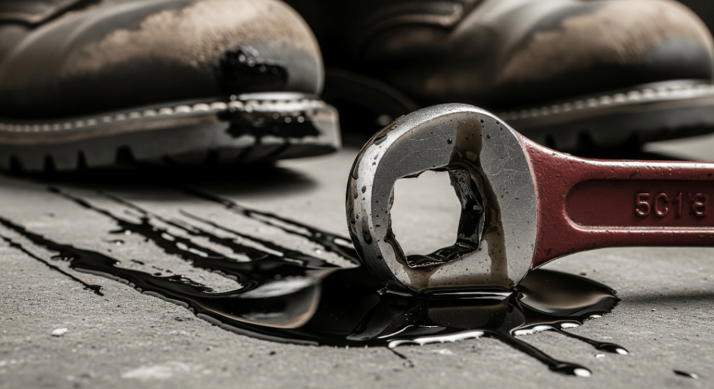 Red wrench, spilled oil, and boots on a gritty surface.

