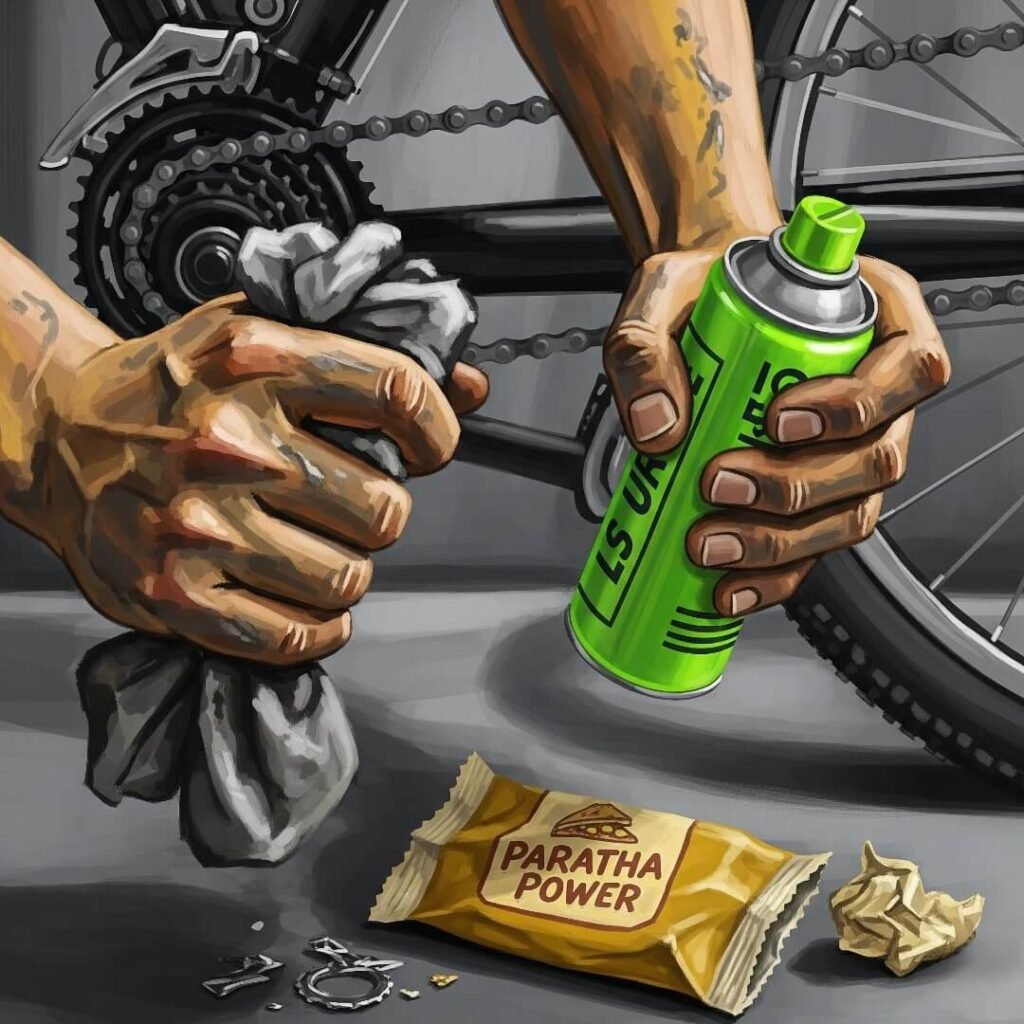 Greasy hands, bike chain, paratha wrapper.