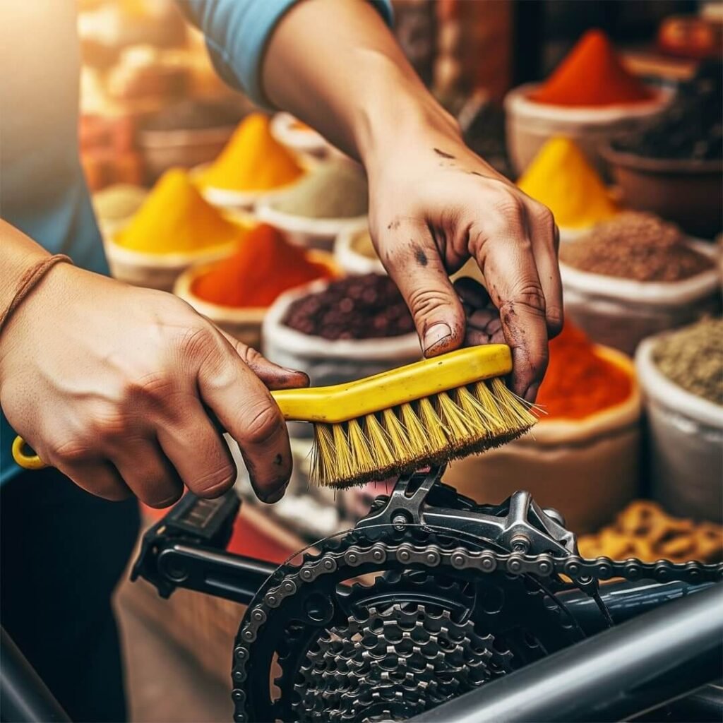 Hands clean bike chain in Indian market.

