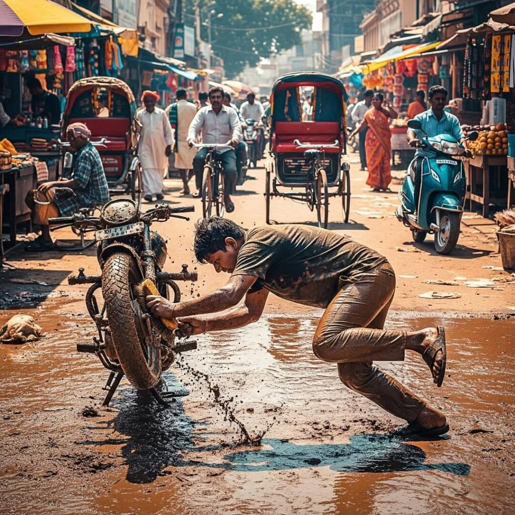 Man scrubbing muddy motorcycle tire in Delhi.

