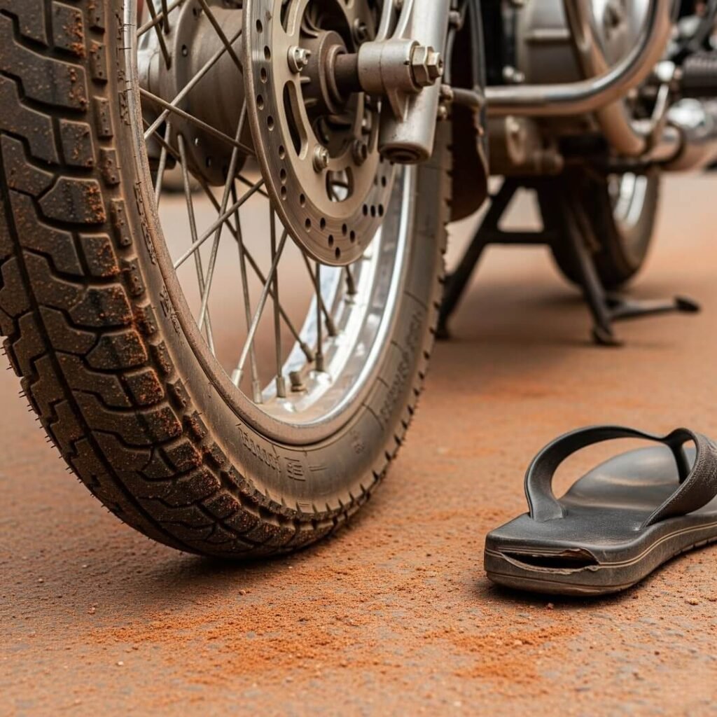 Motorcycle tire, flip-flop, dusty Hyderabad road.

