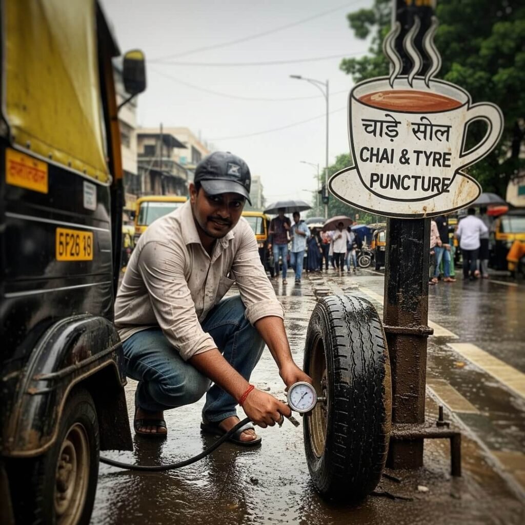 Man checks tire pressure with chai-cup sign.

