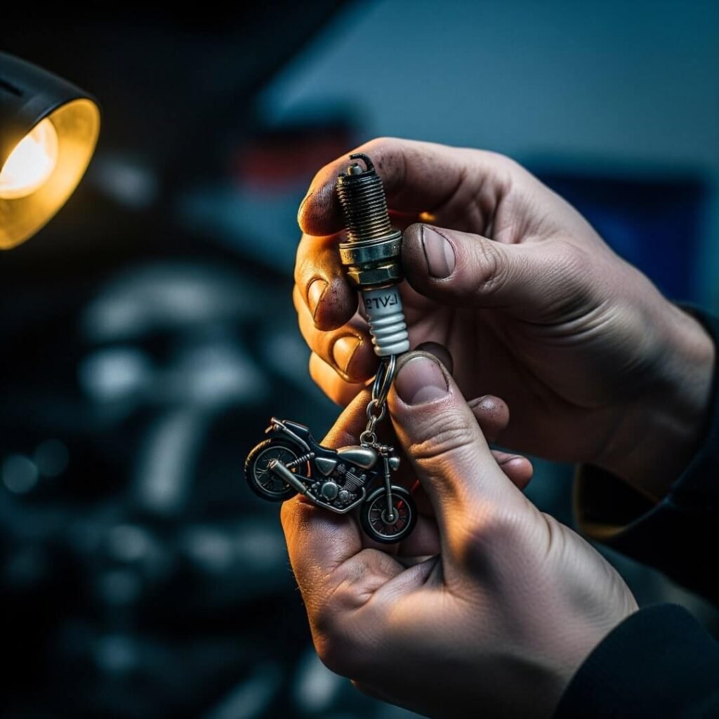 Greasy hands hold a spark plug and motorcycle keychain.