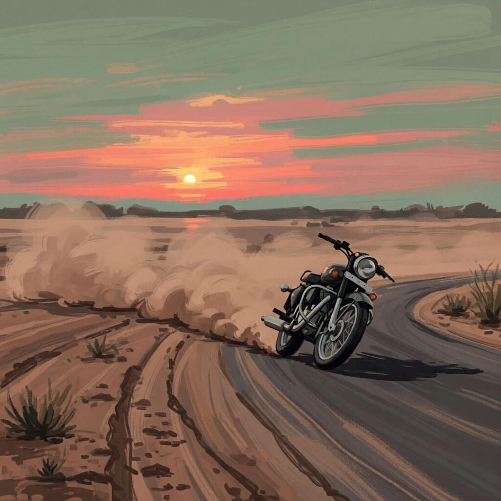 Motorcycle on dusty desert road at sunset.