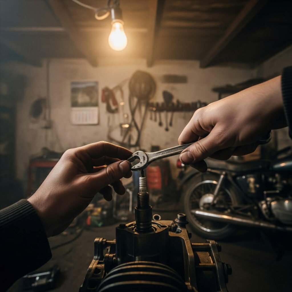 Greasy hands fumbling with a wrench on a spark plug.