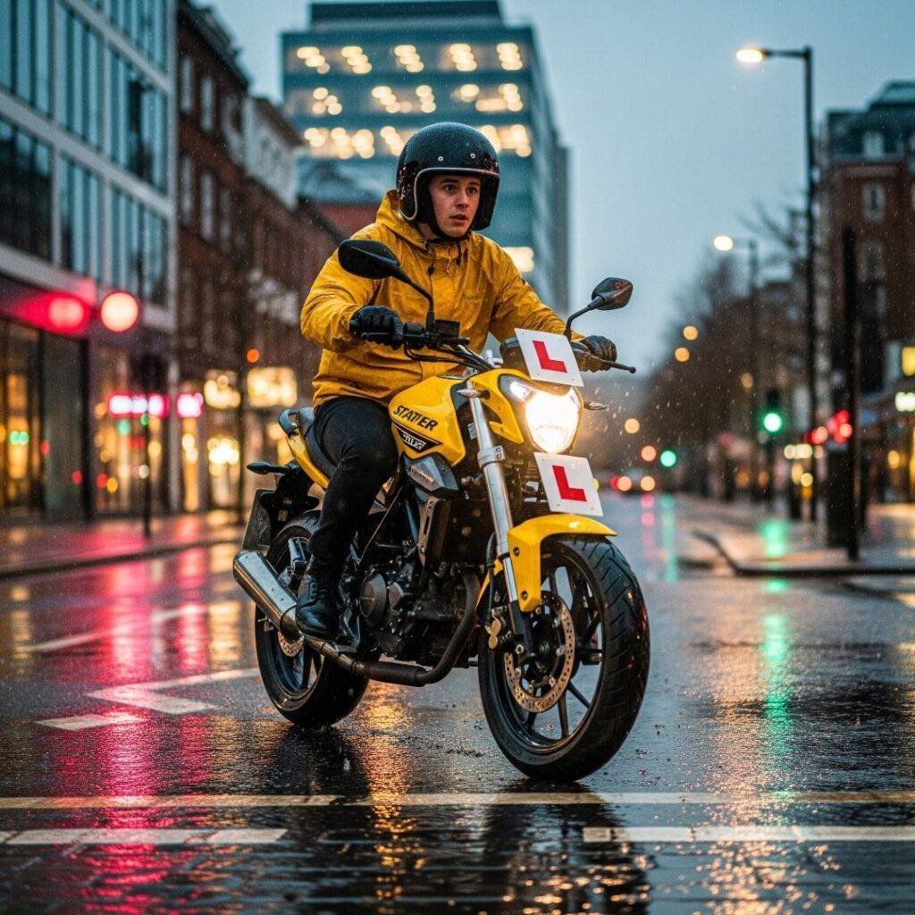 Beginner on starter bike in rainy urban setting.
