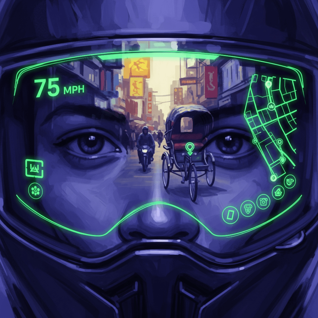 Smart helmet with AR data and rickshaw reflection.