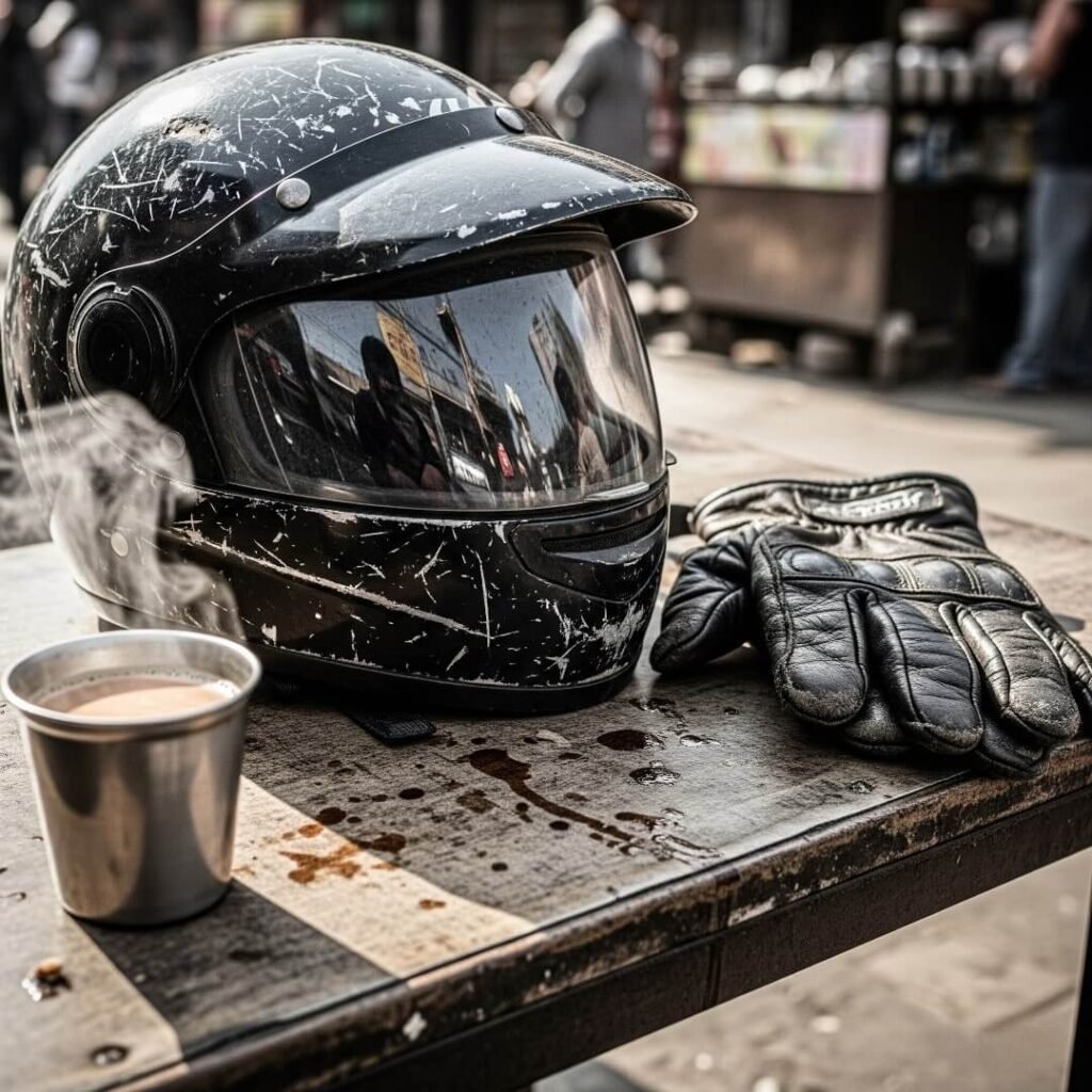 Helmet, gloves, and chai on a stall table.