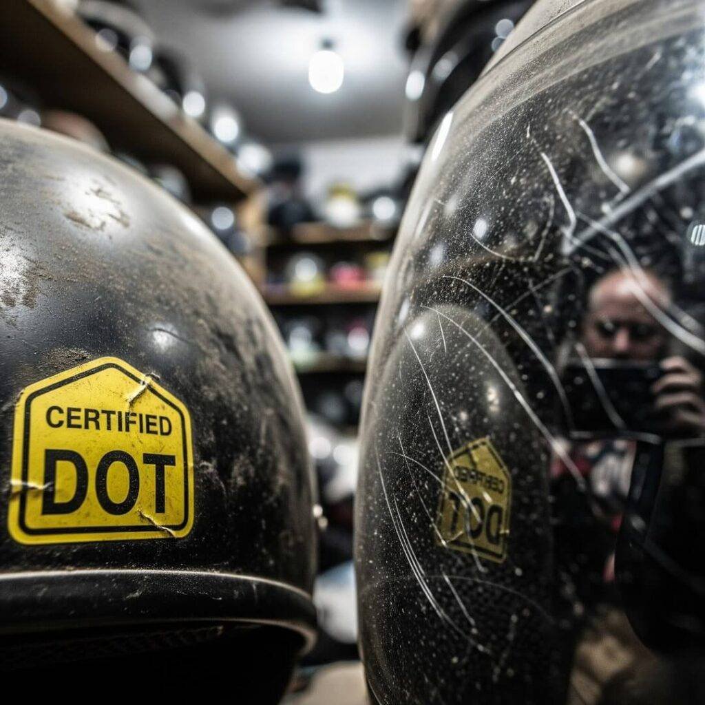 Grimy DOT helmet label, tourist reflection in visor.