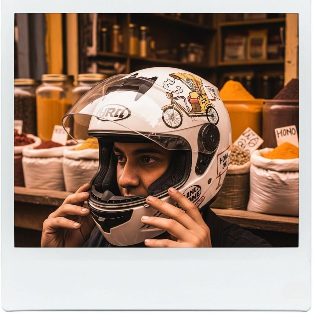 Person in modular helmet at Indian spice market.

