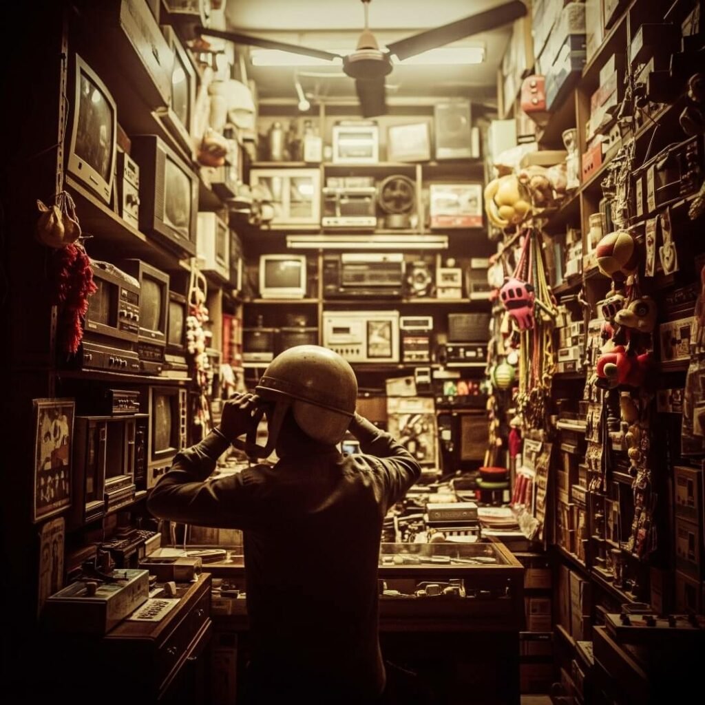 A person trying on a helmet in a cluttered shop.