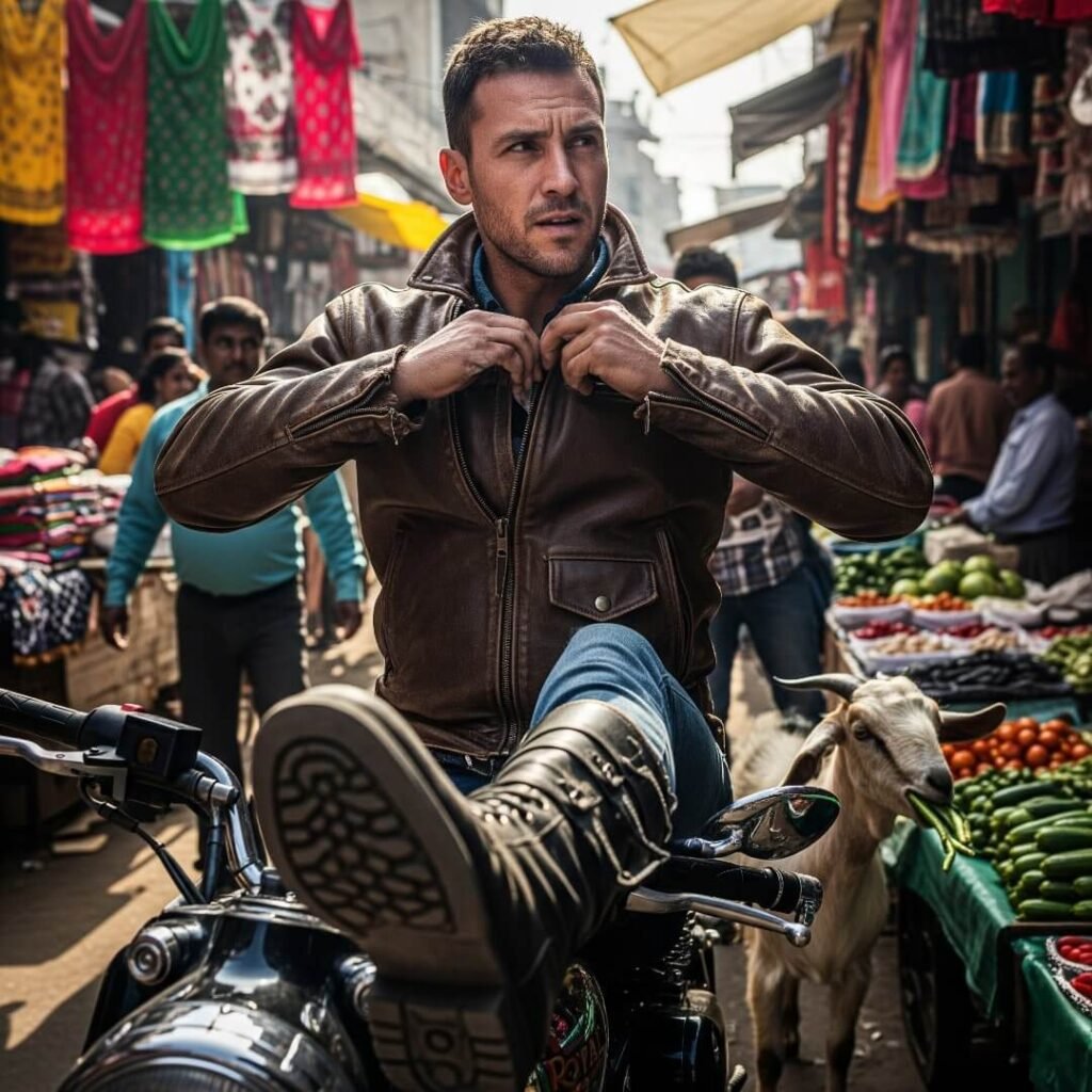 Rider adjusting jacket in a bustling market.

