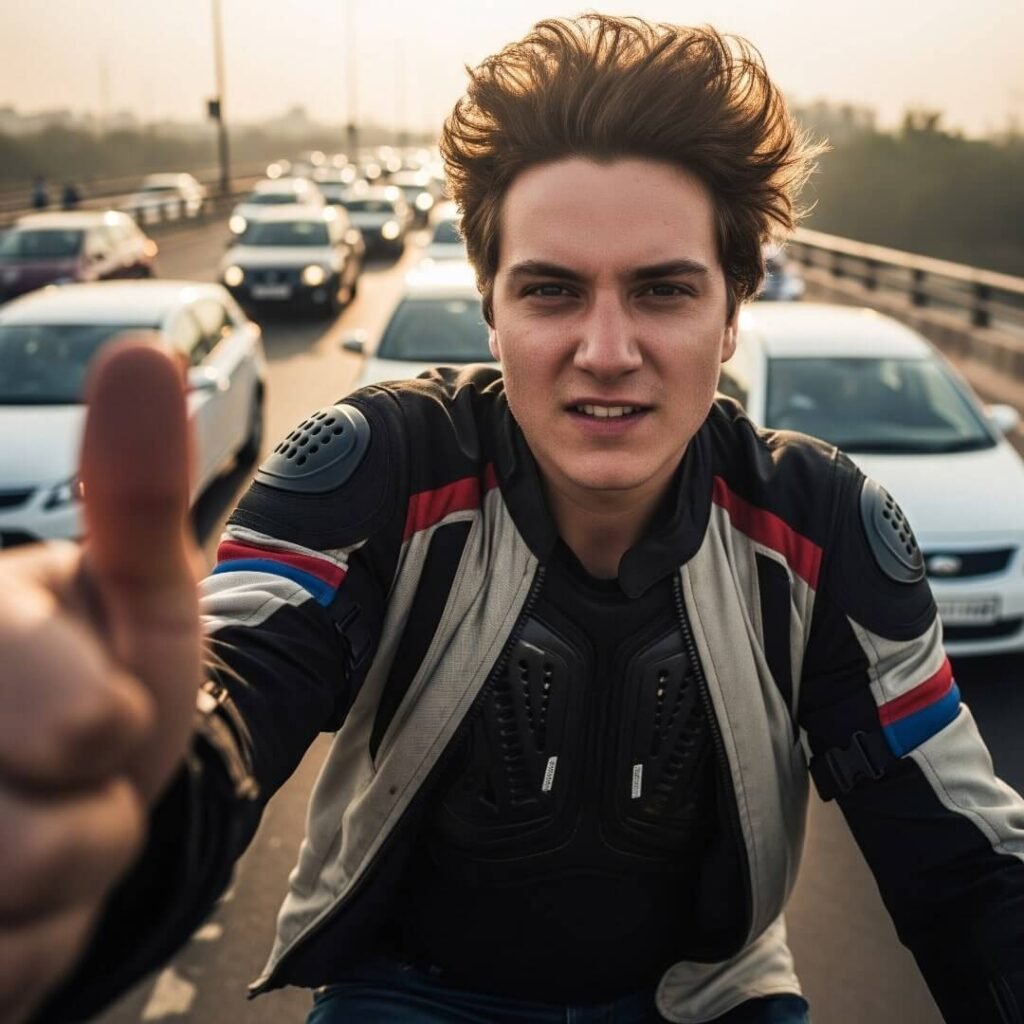 Selfie, jacket open, wind-blown hair, blurred traffic.
