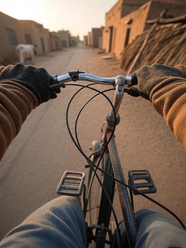 haky POV: Gloved hands dodge cow on dusty road.