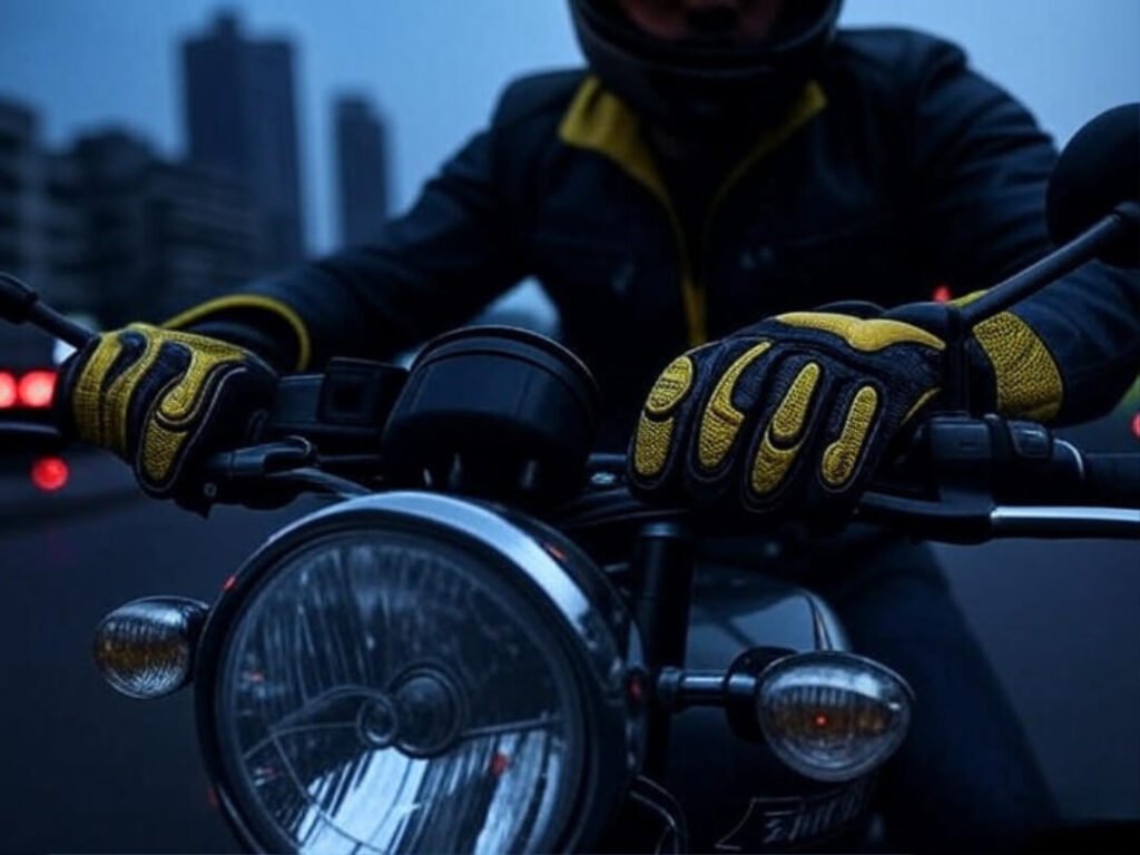Hands in SP-8 V3 gloves on Enfield, Mumbai skyline.