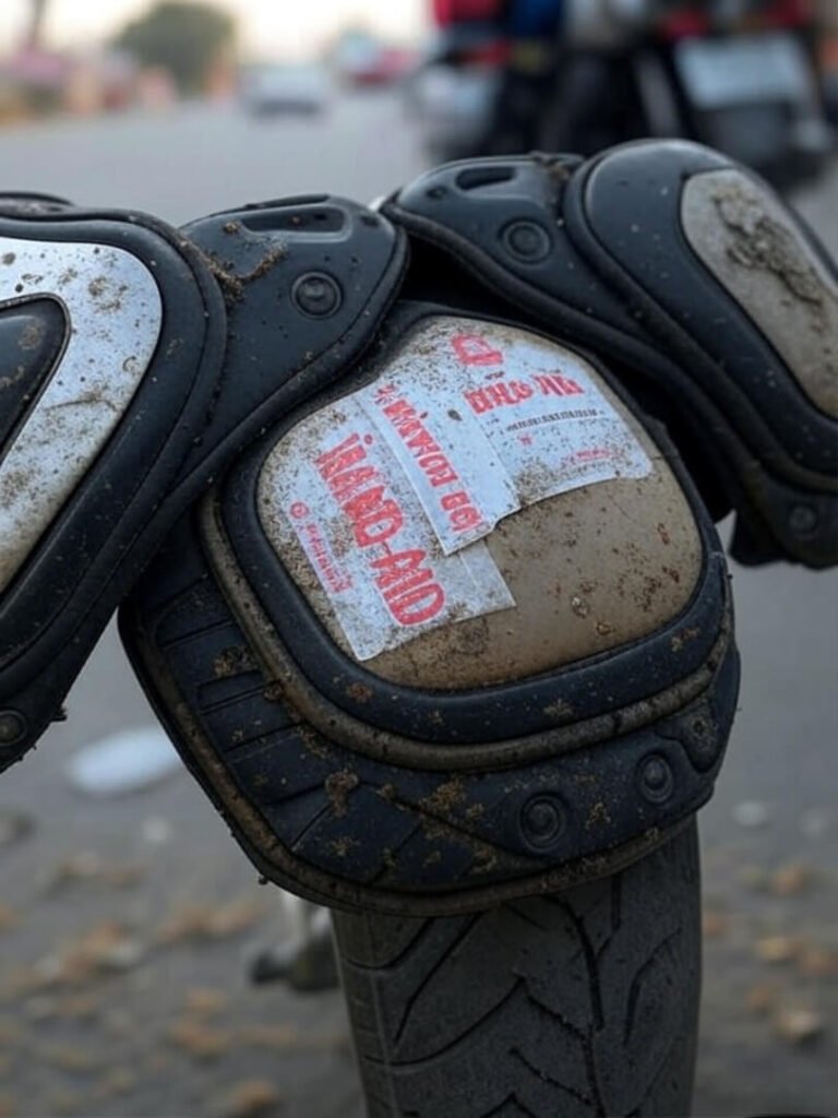 Battle-scarred motorcycle pads with peeling Band-Aid close-up."