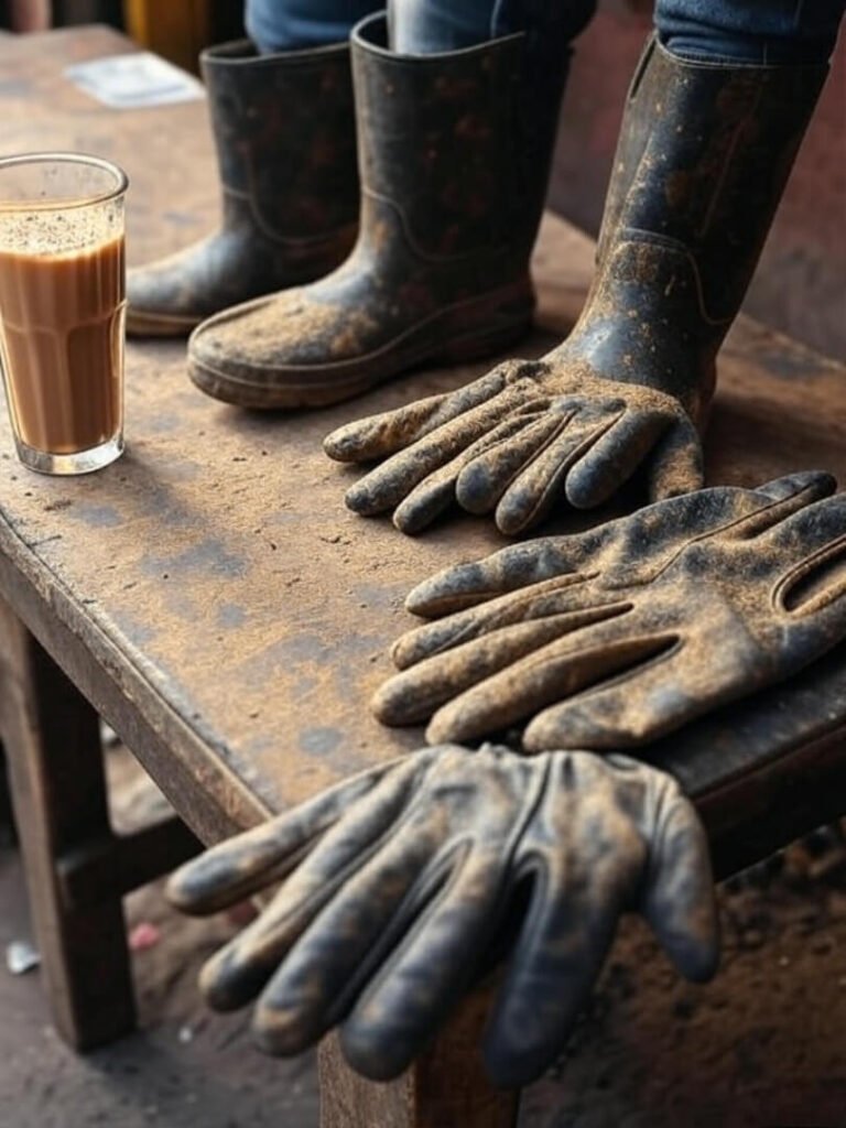 Muddy boots and gloves beside half-empty chai on stall table.