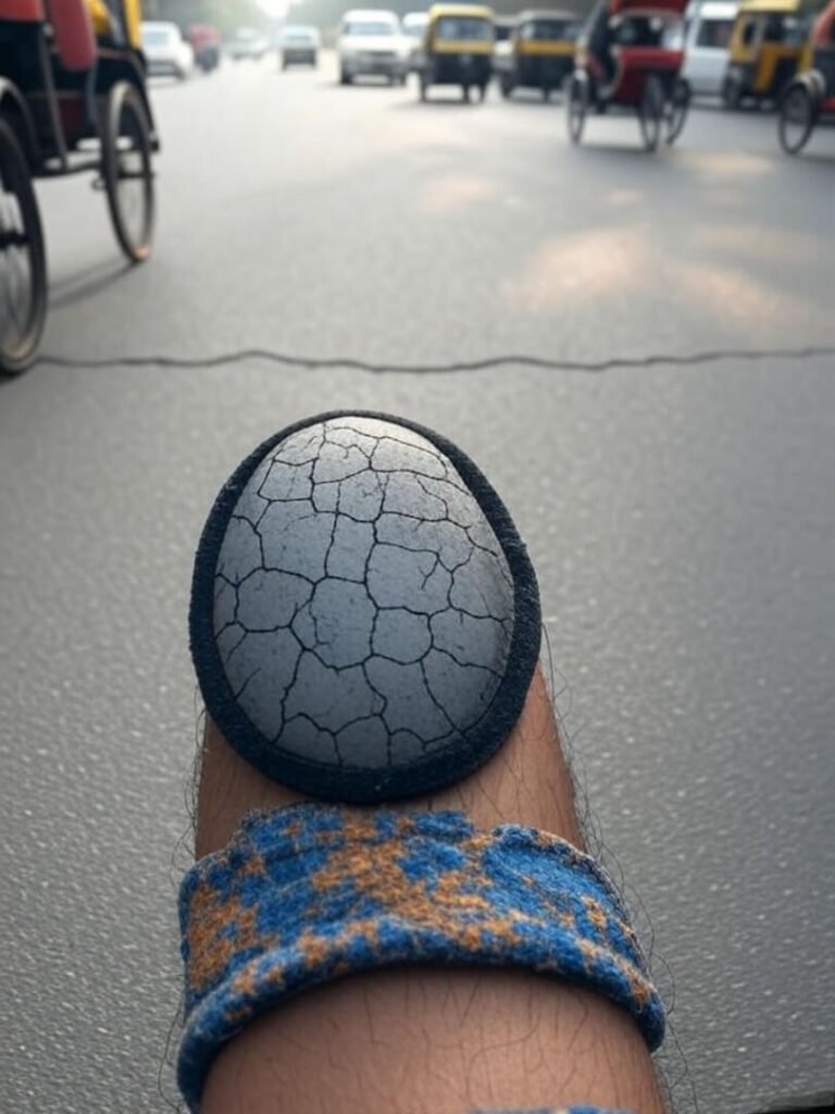 Close-up cracked elbow pad on arm amid blurry Delhi traffic chaos.