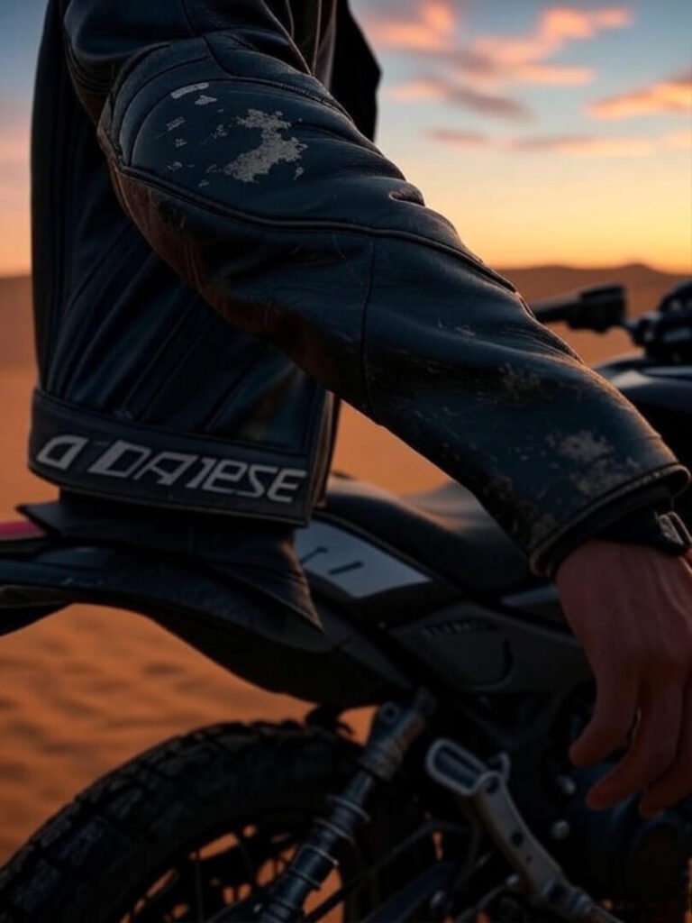 Scuffed Dainese jacket sleeve on bike in desert sunset.