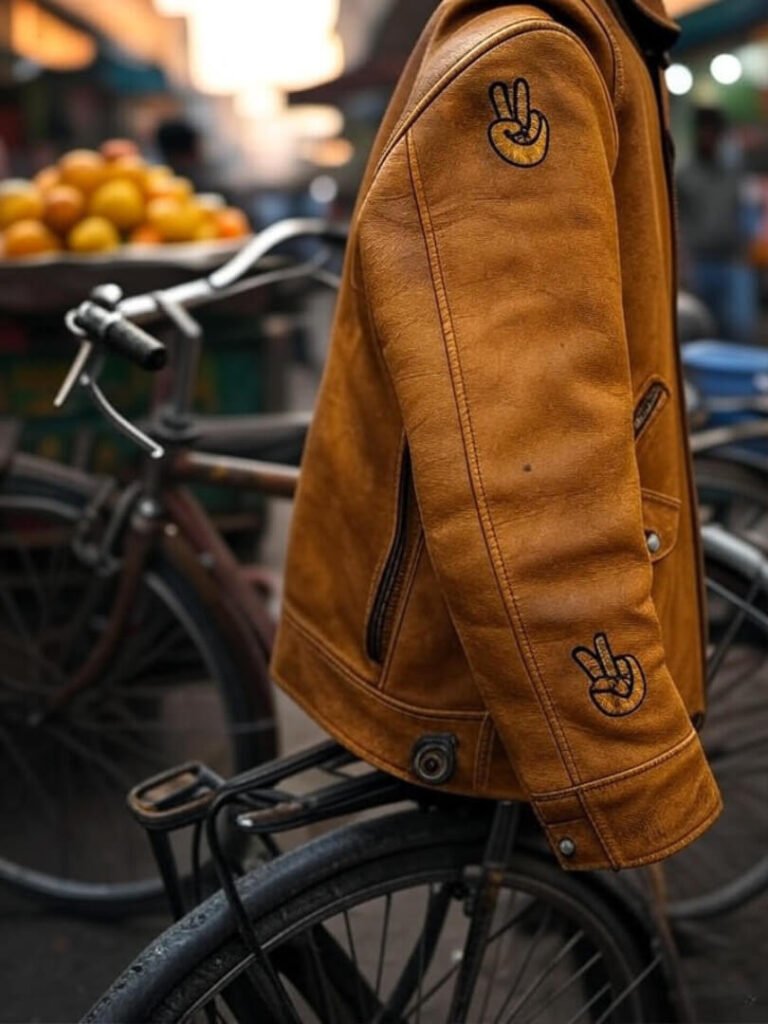 Battered jacket on bike in bustling Indian bazaar.