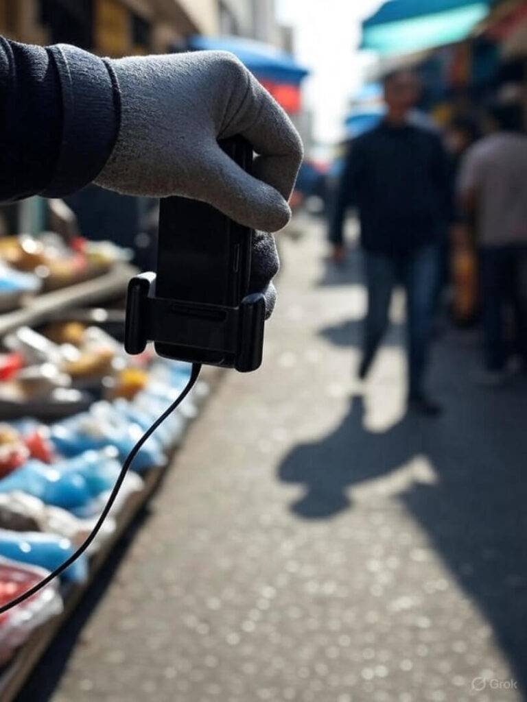 Gloved hand adjusting phone mount, blurry market behind.
