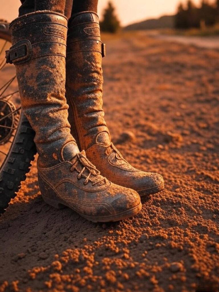 Muddy boots lean on bike tire, gritty angle.