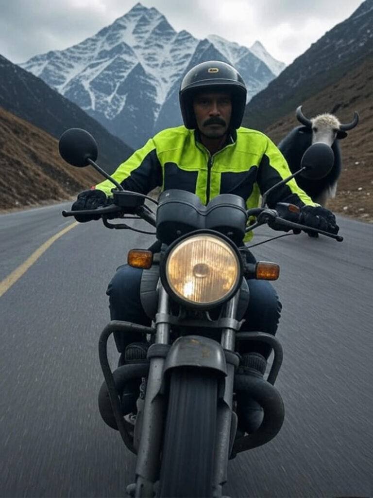 Rider on Himalayan road, yak photobombs, neon jacket.