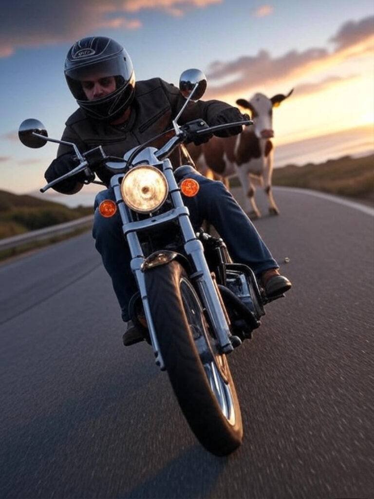 Cliff-edge ride with cow, Pacific chaos