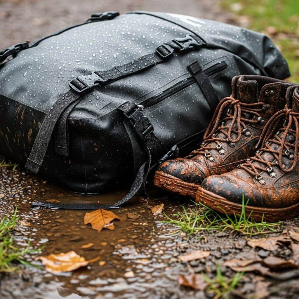 A wet backpack and muddy boots on the ground.