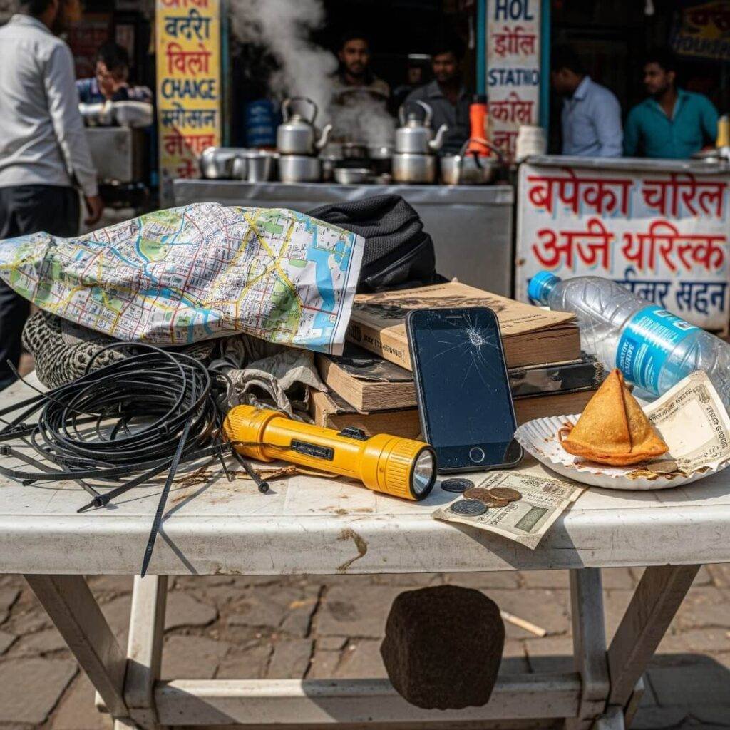 A messy pile of gear on a table.