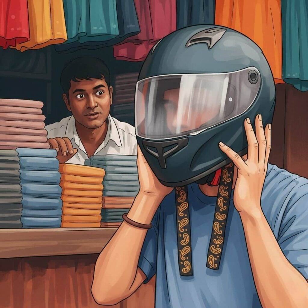 Man in a helmet in an Indian market.