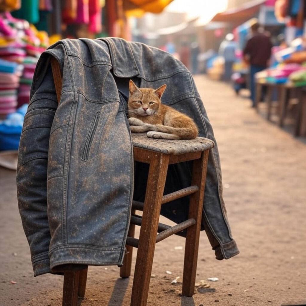 Dusty jacket, stray cat, chaotic Indian market.