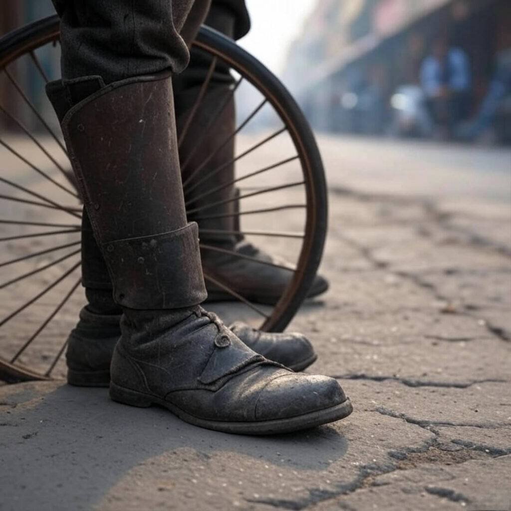 Beat-up boots, rickshaw wheel, cracked Delhi pavement.