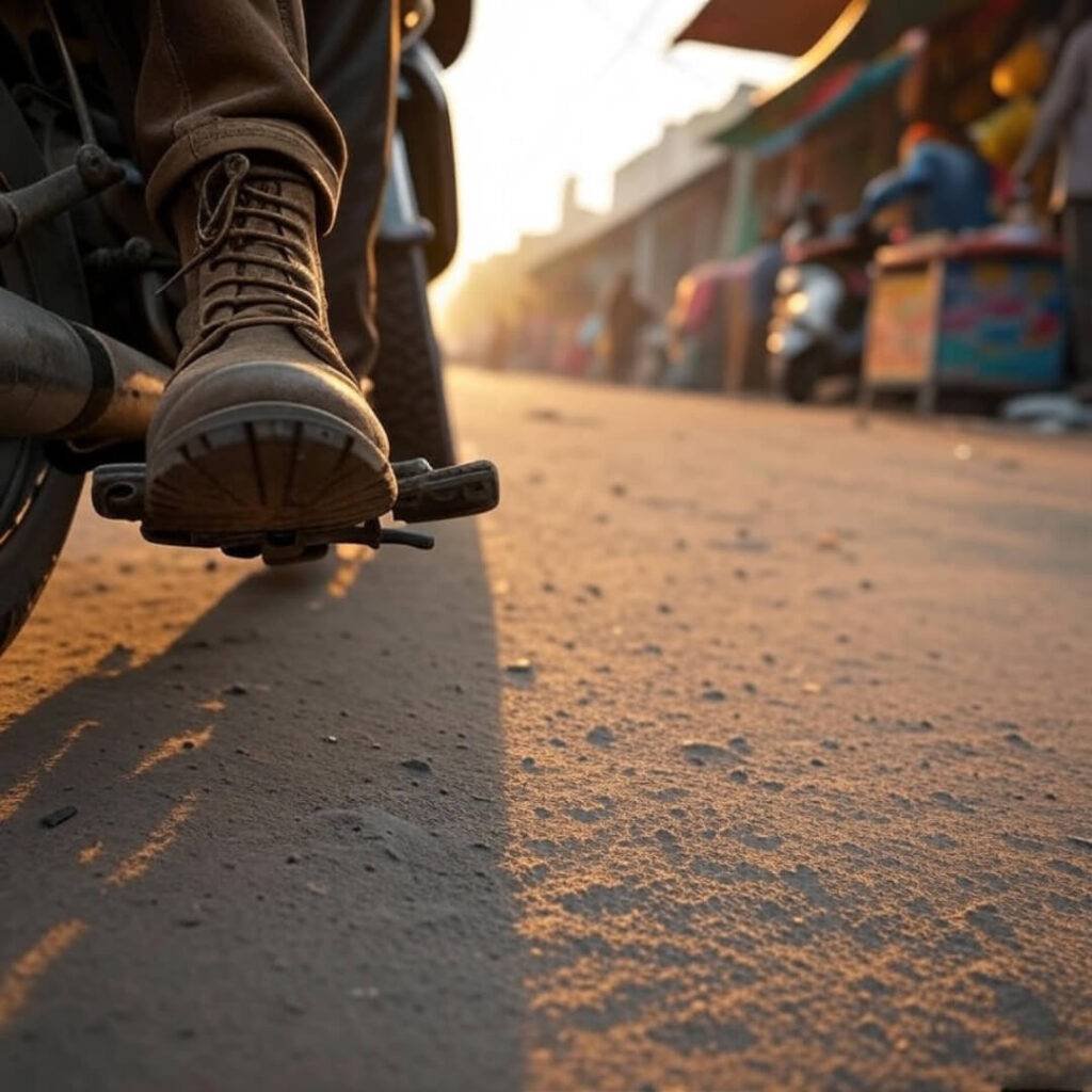 Boot on clutch pedal, dusty Indian street, golden market.