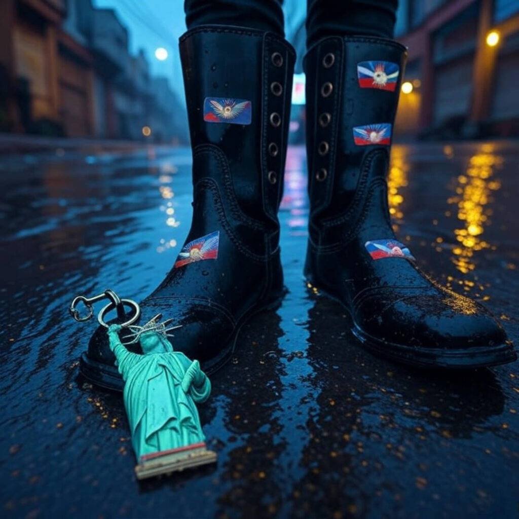 Scuffed boots in neon Delhi puddle, Liberty keychain glints."