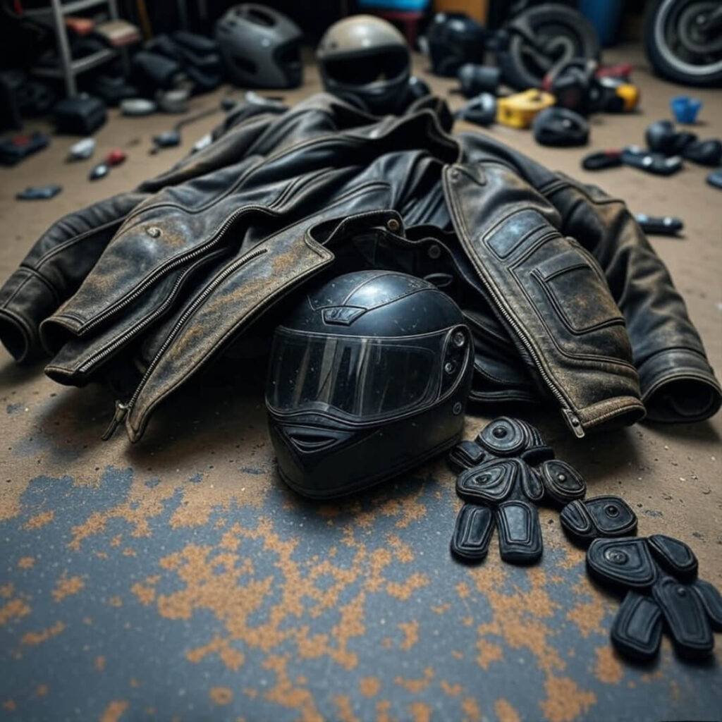 Motorcycle gear scattered, revealing gritty prep for safe riding.