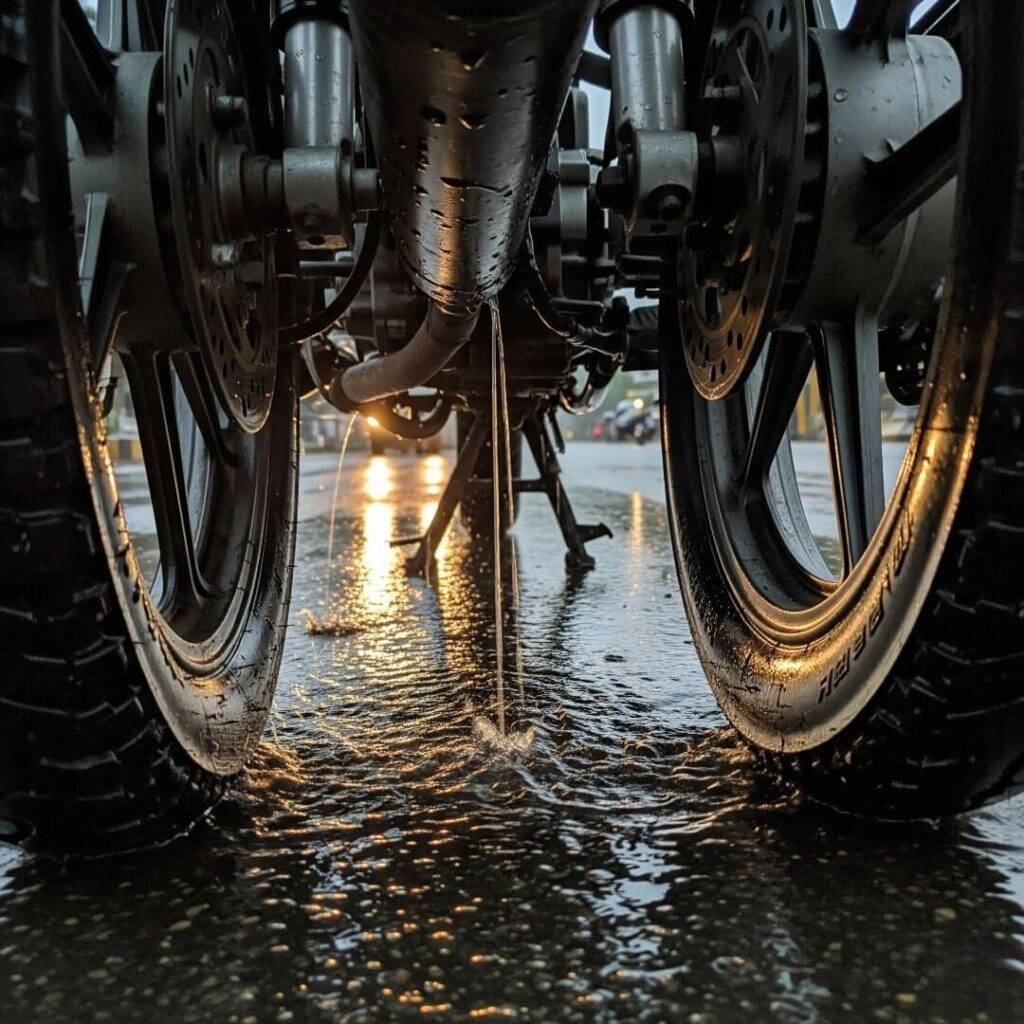 Wet motorcycle tires on a street.