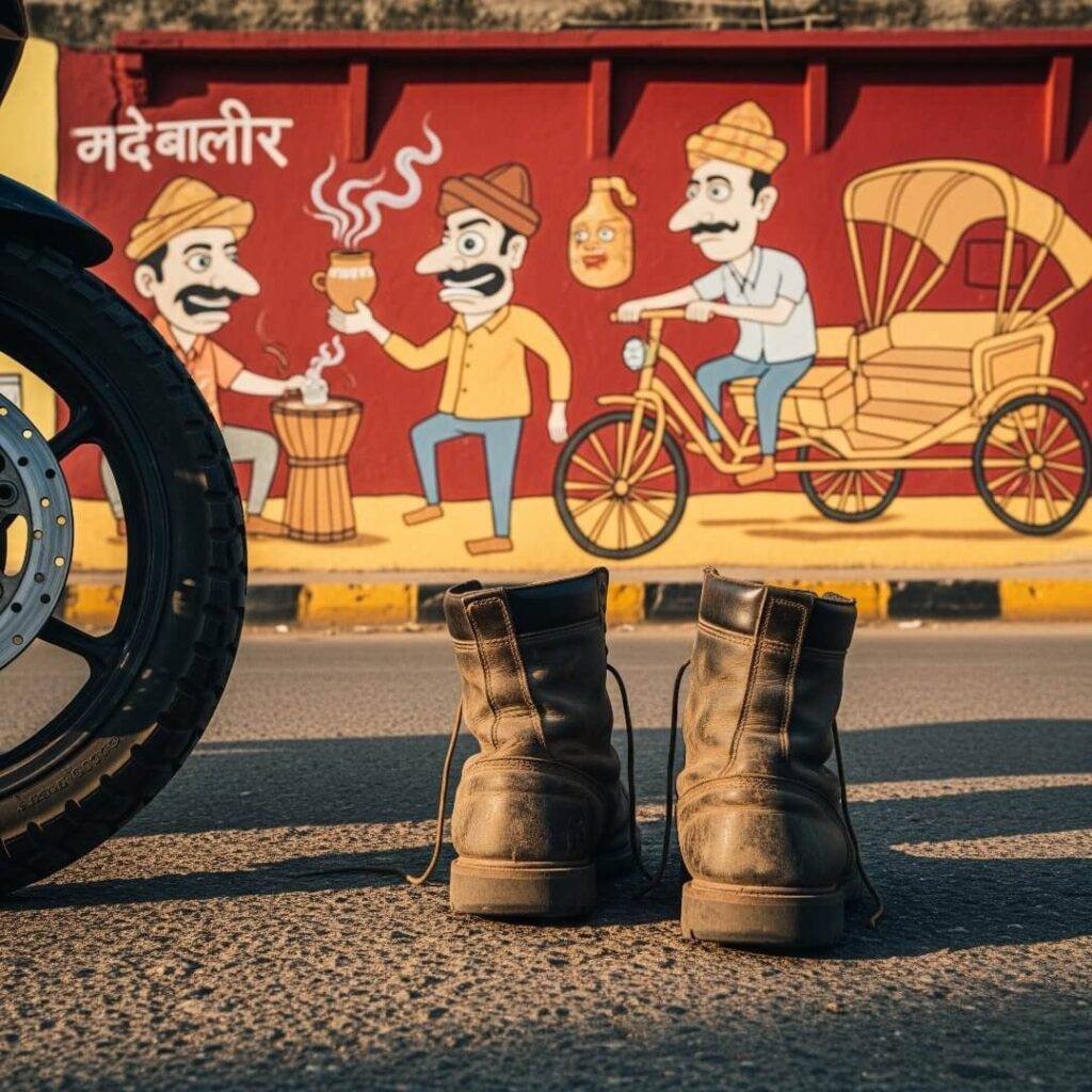Dusty boots and sport bike, Indian street art.