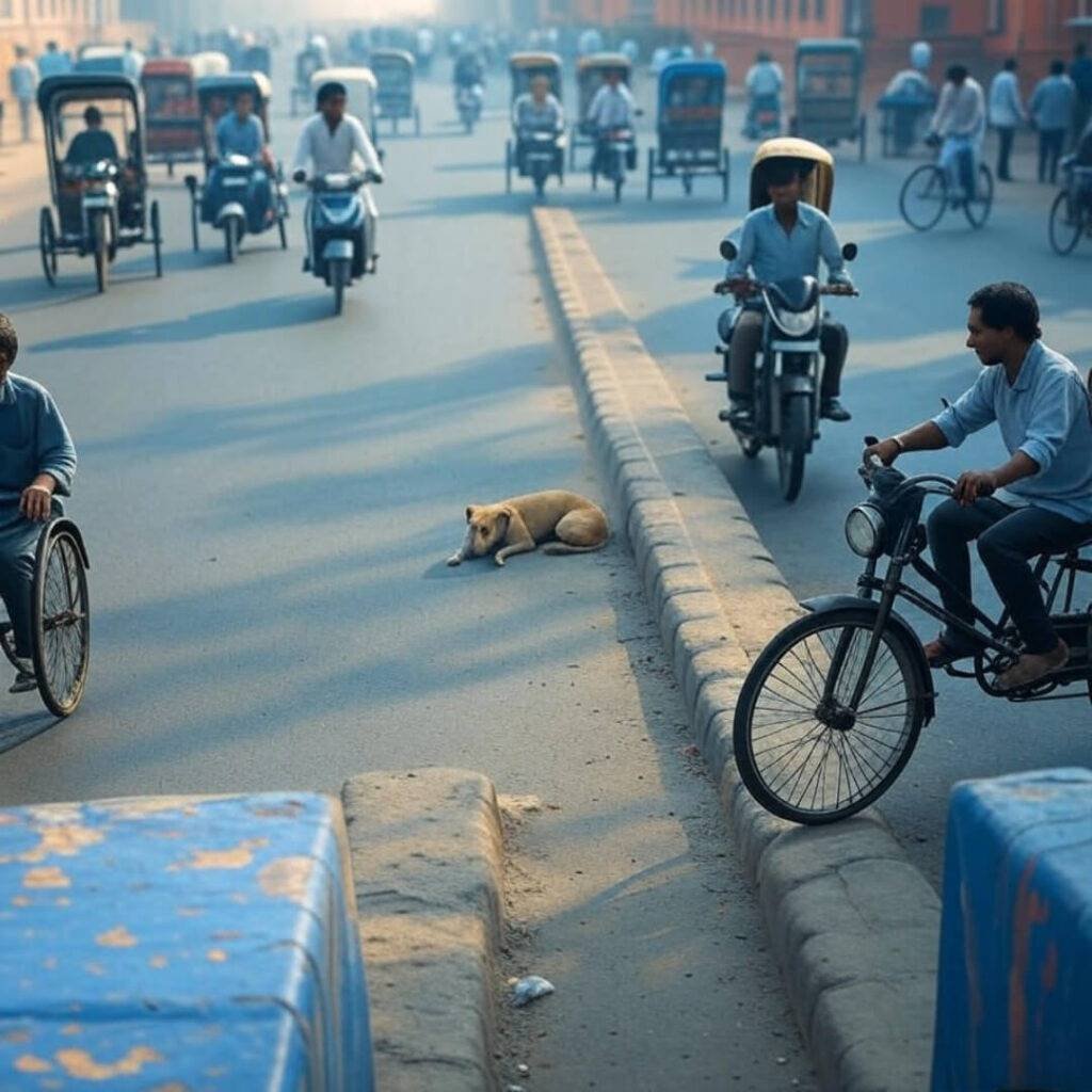 Chaotic Jaipur bike POV, dog naps on median.