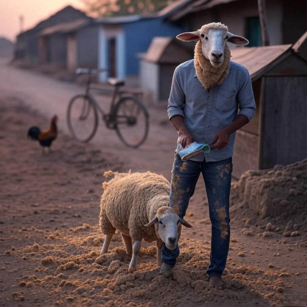 Dusty village road, bike, sheepish rider, stray rooster.