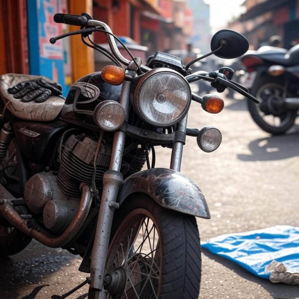 Shaky photo of scratched bike at Jaipur chai stall.